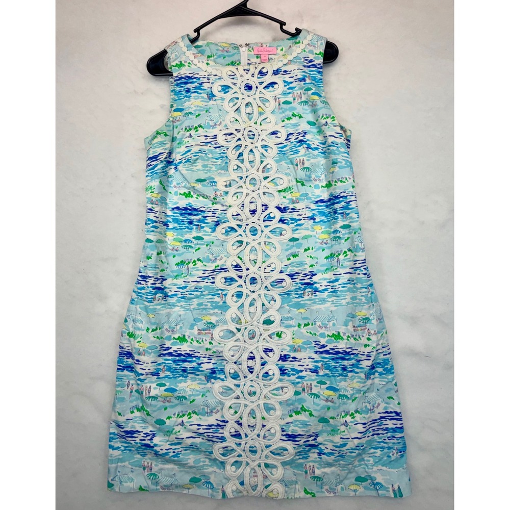 Lilly Pulitzer 00's Blue Beach Print Shift Dress Lace Trim 42218 Womens 10
